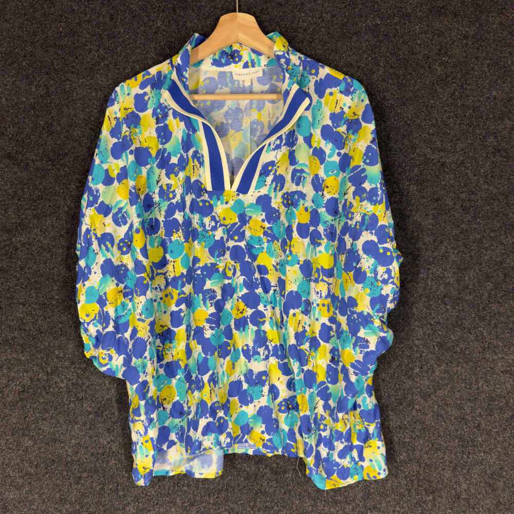 Entro Blouse Women XL Blue Polka Dot V-Neck 3/4 Sleeve Rayon Pullover Casual